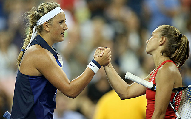 Victoria Azarenka, left, is moving on after a 4-6, 6-4, 6-4 win over Aleksandra Krunic. (USATSI)