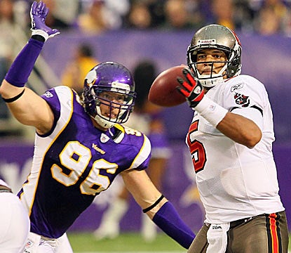 Josh Freeman completes 22 out of 31 passes for  243 yards as he engineers a comeback win.  The Bucs trailed 17-0. (Getty Images)