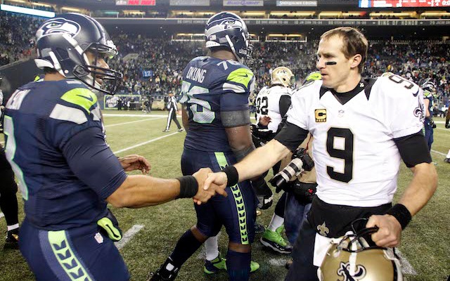 Drew Brees is hoping he'll be in a better mood next time he shakes Russell Wilson's hand. (USATSI)