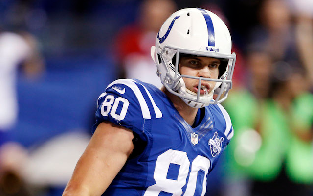 Colts TE Coby Fleener fakes dunk over crossbar after TD 