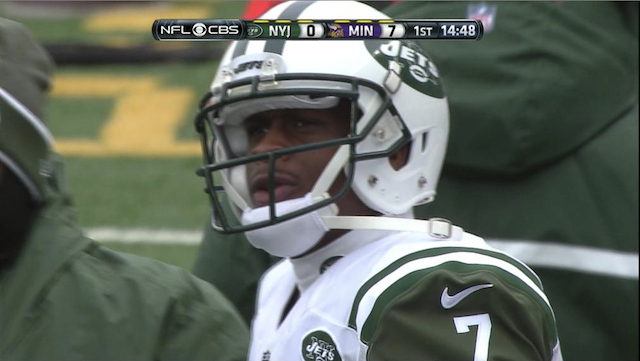 Geno Smith threw a pick-six on the Jets' first play from scrimmage. (CBS)