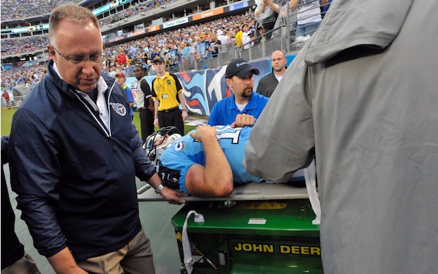 Jake Locker was carted off the field on Sunday with an injury diagnosed as a sprained hip. (USATSI)