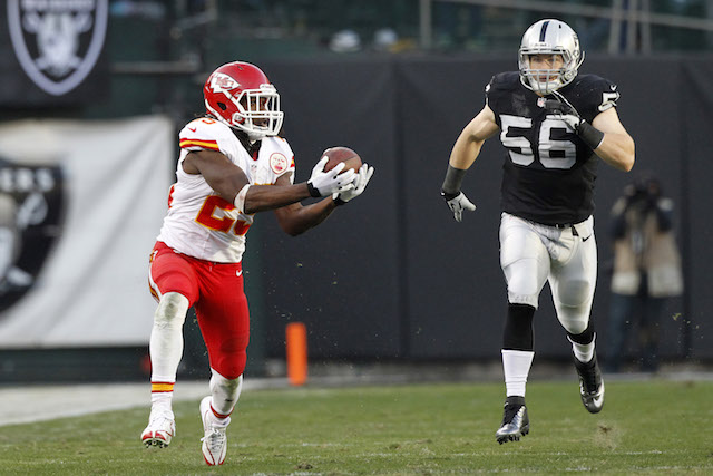 The Raiders couldn't catch Jamaal Charles. Can Charles catch Peyton Manning in the MVP race? (USATSI)