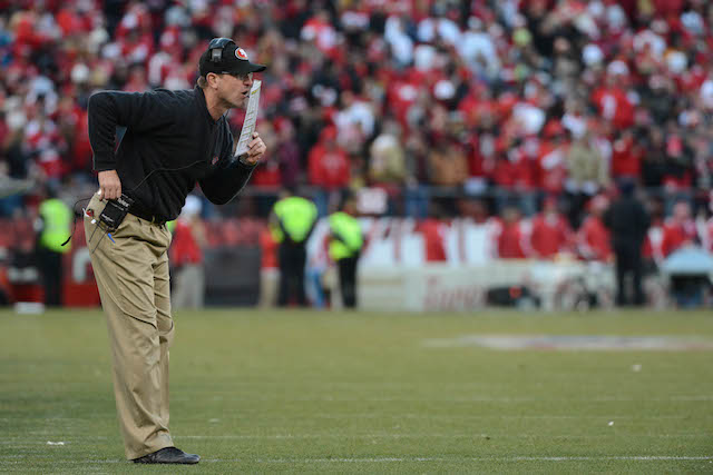 Jim Harbaugh takes on Comerica Park, khakis and all