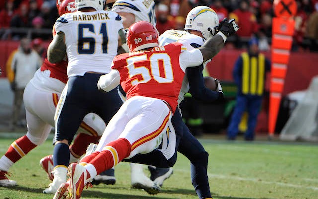 Chiefs linebacker Justin Houston dislocated his elbow against the Chargers. (USATSI)