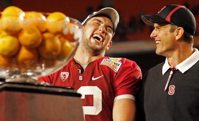 Jim Harbaugh and Andrew Luck once ate oranges together. (USAToday/CBSSports)