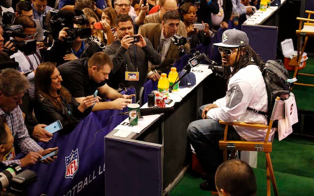 Marshawn Lynch Stages Mock Press Conference for Skittles