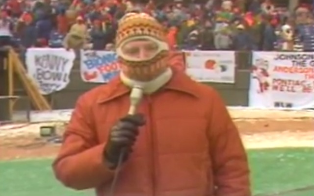 A reporter at the Bengals-Chargers Freezer Bowl in January 1982. (WCPO/YouTube)