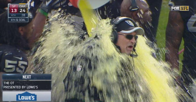 LOOK: Raiders coach gets Gatorade bath after beating 49ers 