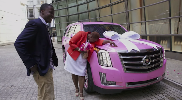 Teddy Bridgewater presents his mom with a pink Cadillac Escalade. (YouTube)