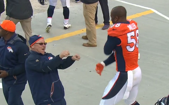 The best celebration dance from Sunday goes to Von Miller and Fred Pagac. (CBS)