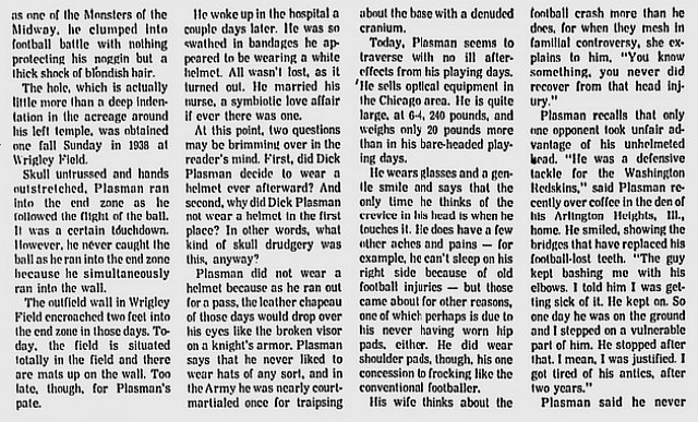Dec. 14, 1941, Wrigley Field/Chicago, Ill. Chicago Bears' Dick Plasman  (#14) is the final NFL player to go helmetless. His final time will be the  NFL championship on 12/21/41 before leaving for