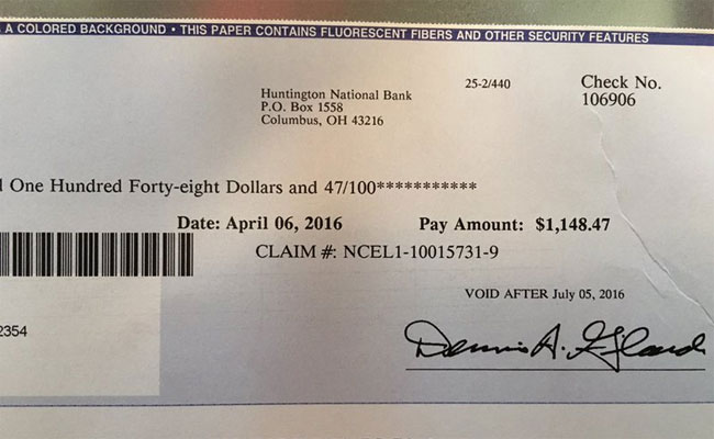 The check received by ex-Eagles player Dan Mulrooney. (Twitter/@Coach_Mul)