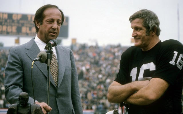 Pete Rozelle presents 43-year-old George Blanda with the AFC player of the year award in 1970. (Getty Images)