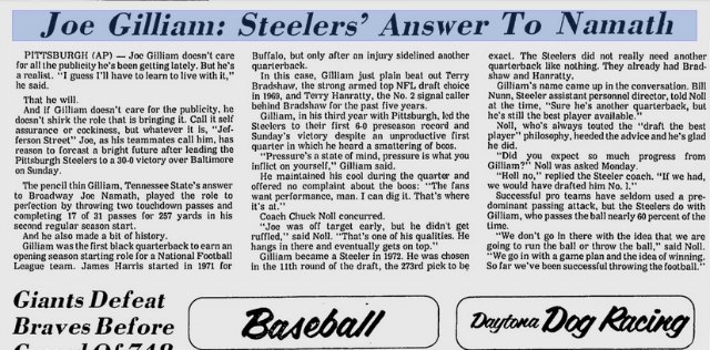 TSU Family Big Blue Tiger - Former Pearl High and Tennessee State star Joe  Gilliam Jr., 17, here with Pittsburgh's other quarterbacks Terry Bradshaw,  12, and Terry Hanratty, 5, was the second