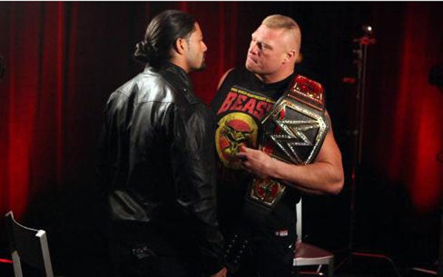 The only face-to-face meeting between Brock Lesnar and Roman Reigns prior to Monday's Raw. (WWE)