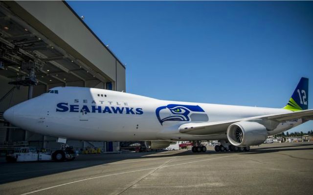 Boeing introduces a special Seattle Seahawks Boeing 747-8 logo jet for the  Super Bowl