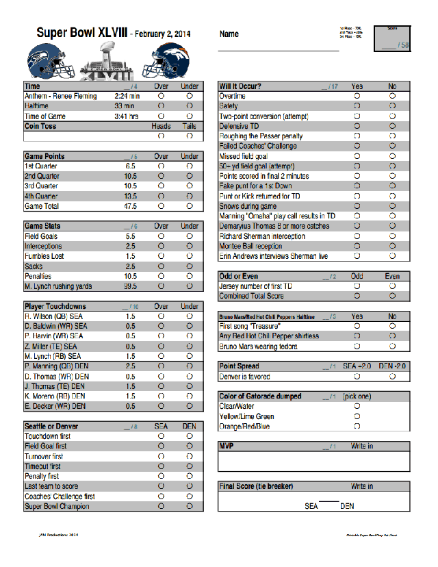 Printable Super Bowl XLVIII prop bet worksheet