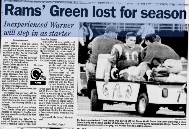 Rams QB Trent Green went down during the '99 preseason, Kurt