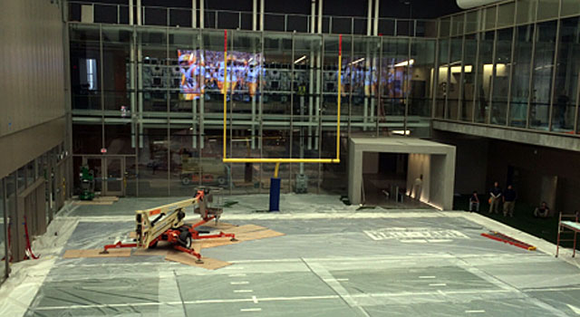 A 45-yard indoor football field where kids will participate in fun football activities while a large screen shows games or highlights. (Provided)