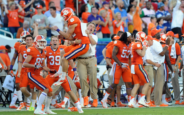 Andy Teasdall and Dabo Swinney celebrate after a perfectly executed fake punt pass. (USATSI)