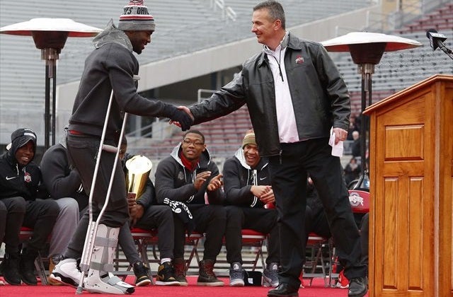 J.T. Barrett had to celebrate Ohio State's national title on crutches. (USATSI)