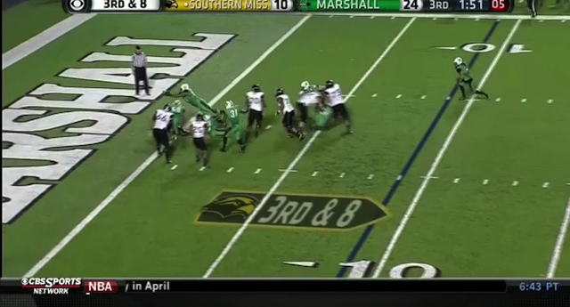 WATCH: Marshall DL intercepts pass, dives over QB for touchdown - CBSSports .com