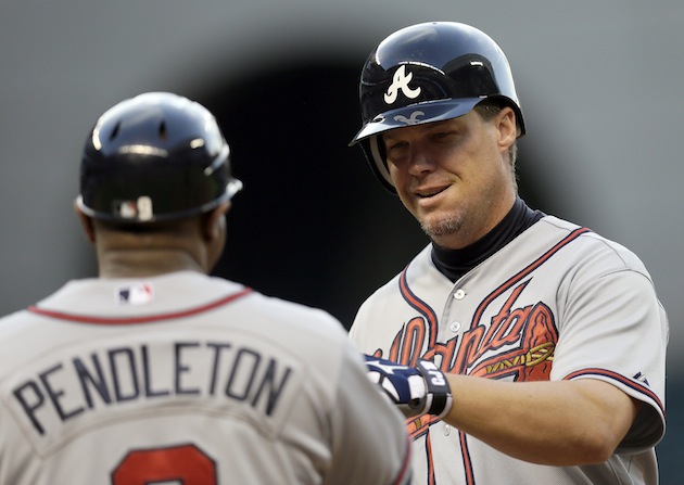 Chipper Jones plays in field during Atlanta Braves' spring training victory  over Detroit Tigers 