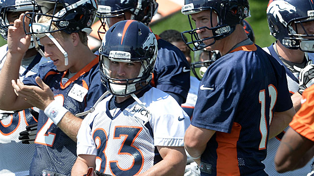 Ex-Patriot Wes Welker joins Peyton Manning during a break in Broncos practice. (USATSI)
