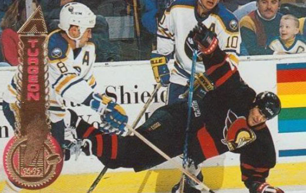 Kane and his father (upper right) watch Buffalo and Ottawa. (Ebay/Pinnacle Trading Cards)