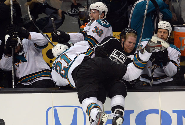 LA and San Jose collide again, but Logan Couture would appreciate it if it stays on the ice. (USATSI)