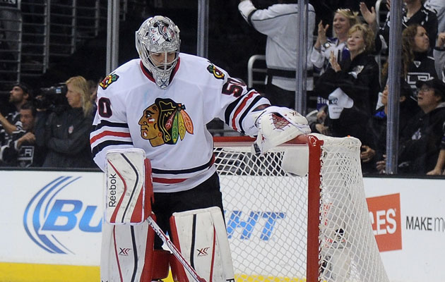 Corey Crawford had a rough couple games in LA. (Getty Images)