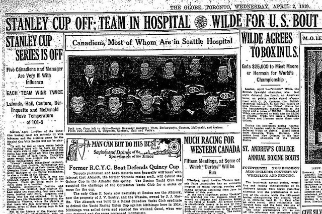 The cover of Toronto Globe announcing the cancellation of the 1919 Stanley Cup Final.
