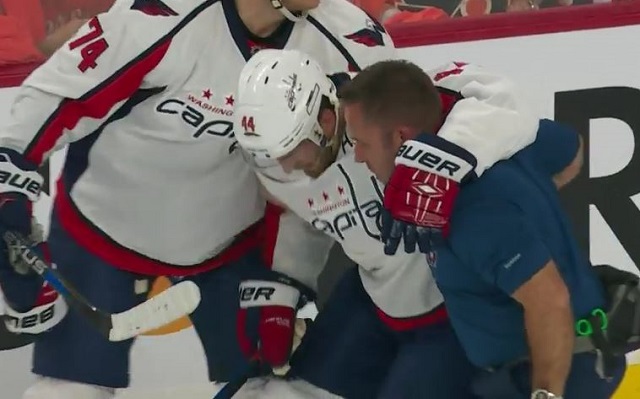 Brooks Orpik struggled to get off the ice after a big hit from Ryan White. (Sportsnet)