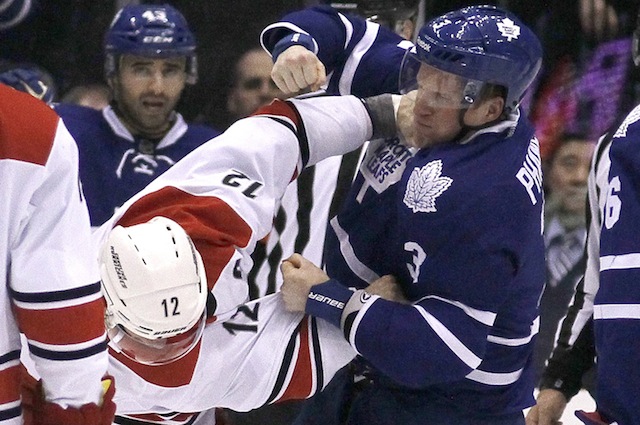 Toronto Maple Leafs captain Dion Phaneuf had a run-in with the Staal brothers on Monday night. (USATSI)