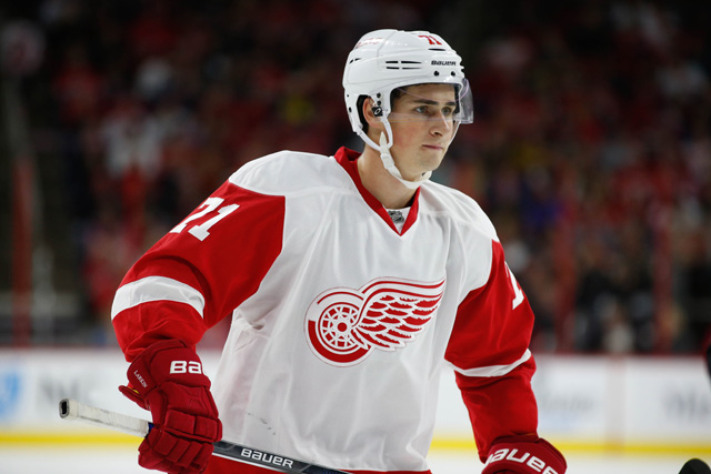 Dylan Larkin with the puck from his 1st NHL Goal- October 9, 2015