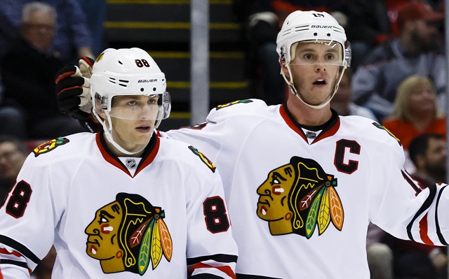 Patrick Kane and Jonathan Toews will play together in Game 5. (USATSI)