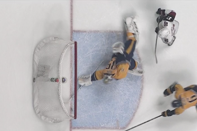 Pekka Rinne somehow kept this puck out of the net. (Fox Sports Predators)