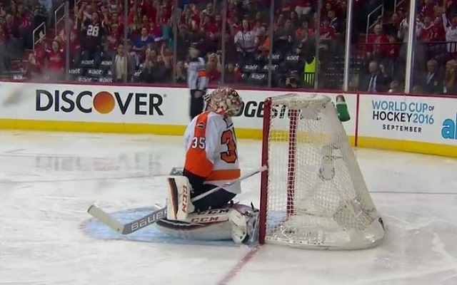 Steve Mason reacts after giving up one of the worst goals you'll ever see. (Sportsnet)