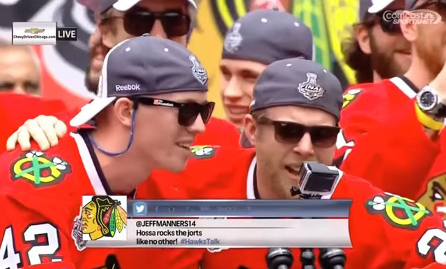 Joakim Nordstrom and Kris Versteeg on the mic. (CSN Chicago)