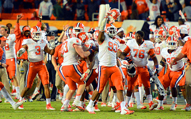 Clemson players celebrate their 40-35 win over Ohio State in the Orange Bowl, their first BCS win.(USATSI)