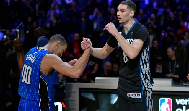 Back-to-back dunk champ Zach LaVine congratulates Aaron Gordon.  (USATSI)