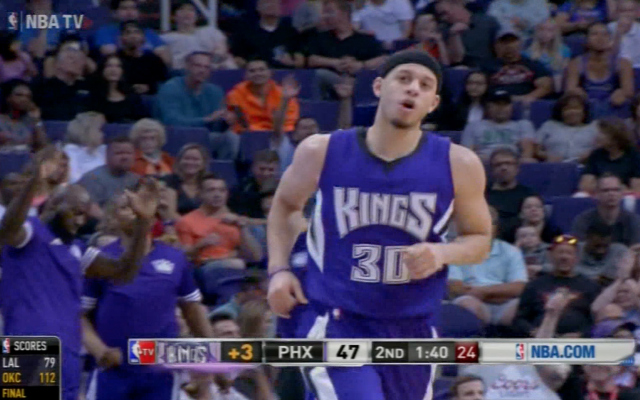 Seth Curry reacts to his highlight play.  (NBA TV)