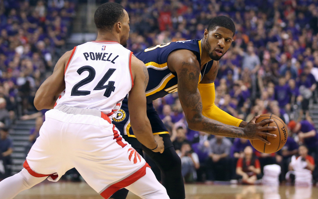 Norman Powell guards Paul George in the playoffs.  (USATSI)