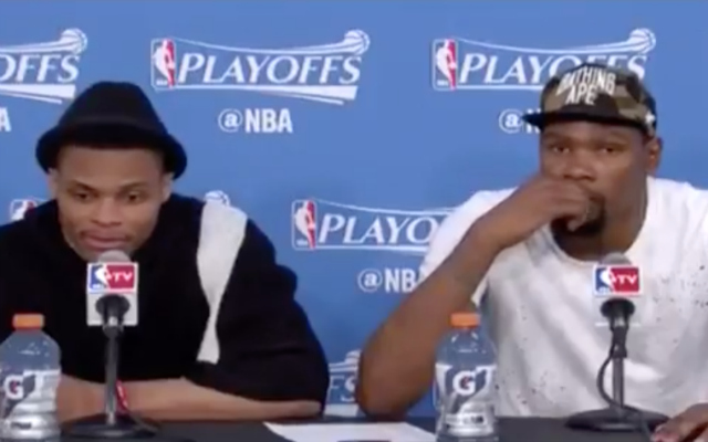 Russell Westbrook and Kevin Durant dismiss Charlie Villanueva.  (NBA TV)