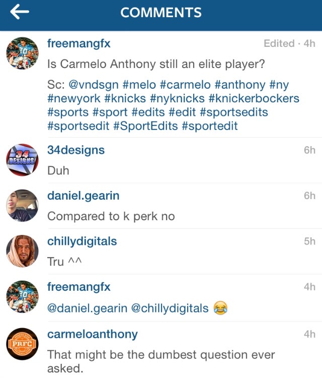 Carmelo Anthony sees everything.  (Instagram)