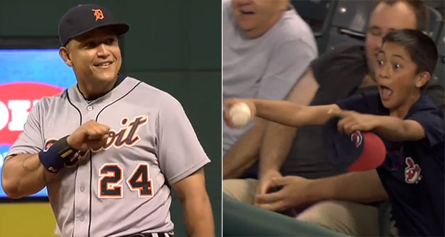 Young Indians fan makes nice play on foul ball, Miguel Cabrera gives him  bat/gloves