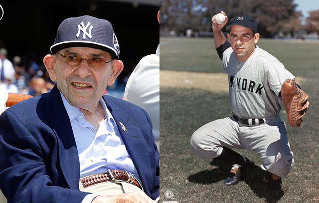 Yogi Berra wearing the 10 World Series rings he won as a player