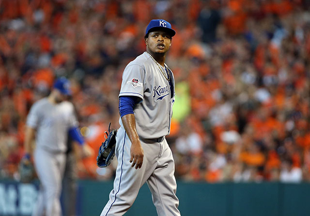 Kansas City Royals pitcher Edinson Volquez (36) talks to catcher