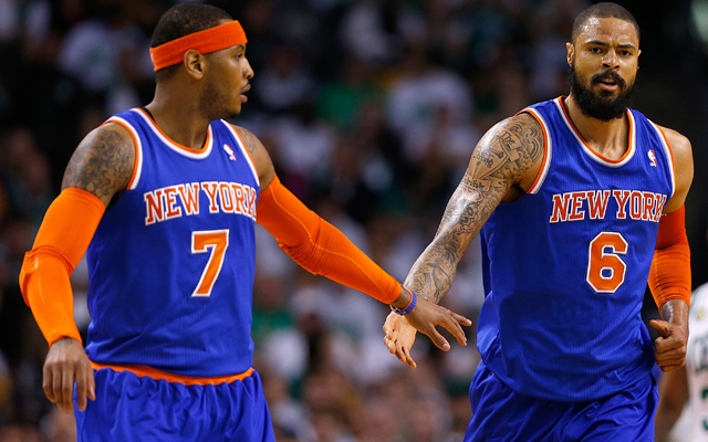 Chandler and Melo seem to have a disagreement.   (Getty Images)
